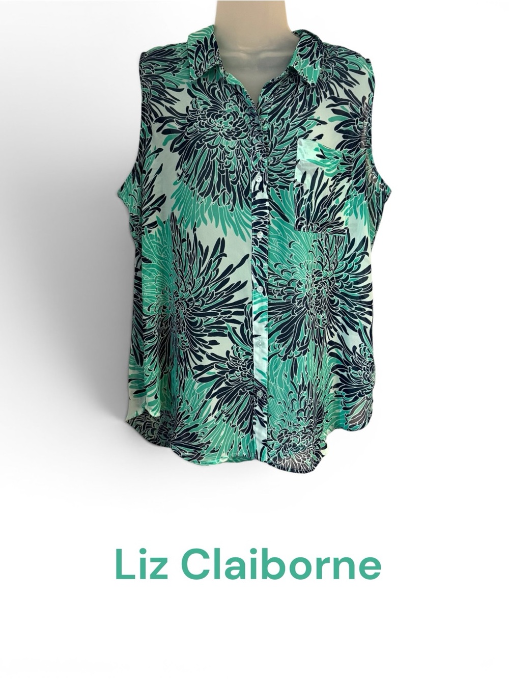 Liz Claiborne Mint & Navy Floral Sleeveless Button-Up Blouse XLARGE #P - Picture 1 of 7